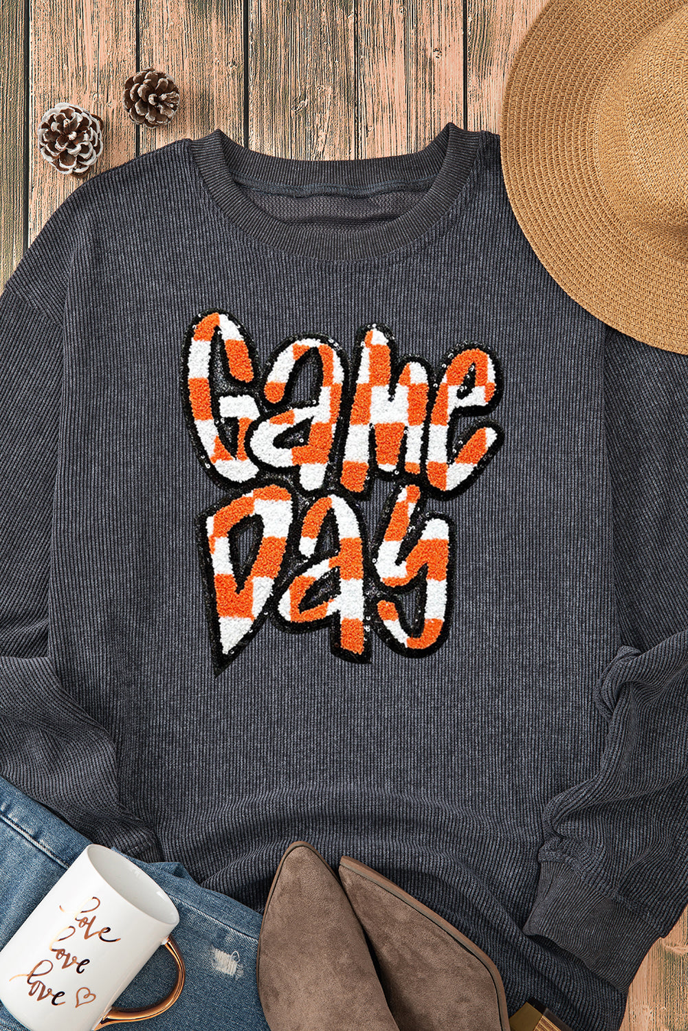 Dark Grey Chenille Checkered Game Day Graphic Drop Shoulder Corded Sweatshirt Graphic Sweatshirts JT's Designer Fashion
