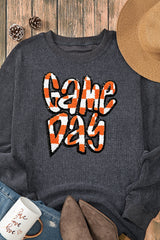 Dark Grey Chenille Checkered Game Day Graphic Drop Shoulder Corded Sweatshirt Graphic Sweatshirts JT's Designer Fashion