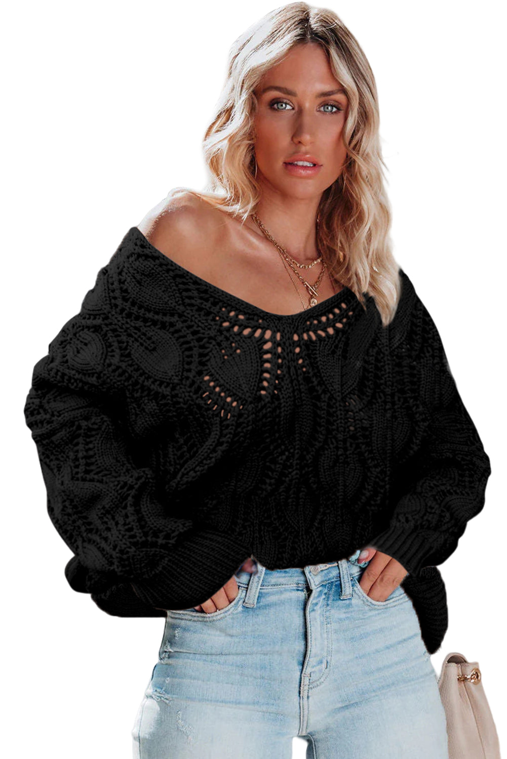 Black Crochet Knit Ribbed Hem Hollow-out Sweater Sweaters JT's Designer Fashion