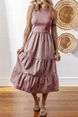 Sepia Rose Ribbed Vest Patchwork Tiered Midi Dress with Pockets Midi Dresses JT's Designer Fashion
