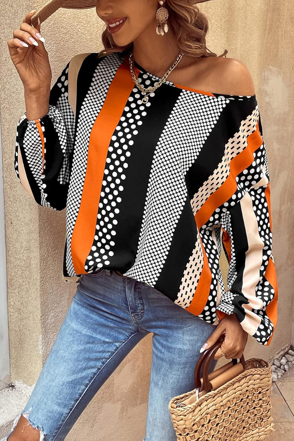 Orange Polka Dot Vertical Striped Printed Puff Sleeve Blouse Blouses & Shirts JT's Designer Fashion