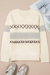 Parchment Contrast Stitch Detail V Neck Drop Shoulder Sweater Sweaters JT's Designer Fashion