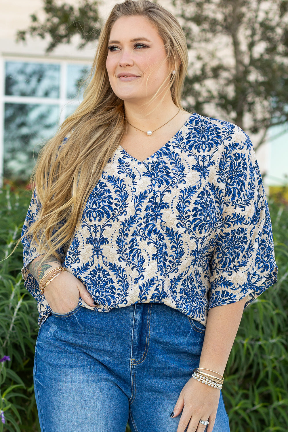 Blue Plus Size Ethnic Printed 3/4 Sleeve V Neck Loose Blouse Blue 100%Polyester Plus Size Blouses & Shirts JT's Designer Fashion