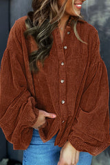 Coffee Textured Corduroy Puff Sleeve Shacket Coffee 100%Polyester Jackets JT's Designer Fashion