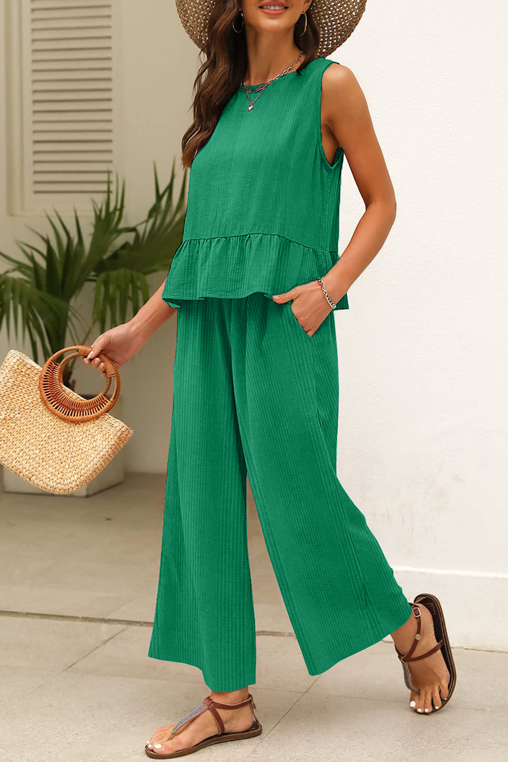 Green Solid Color Ribbed Ruffle Tank Top and Pants Set Pant Sets JT's Designer Fashion