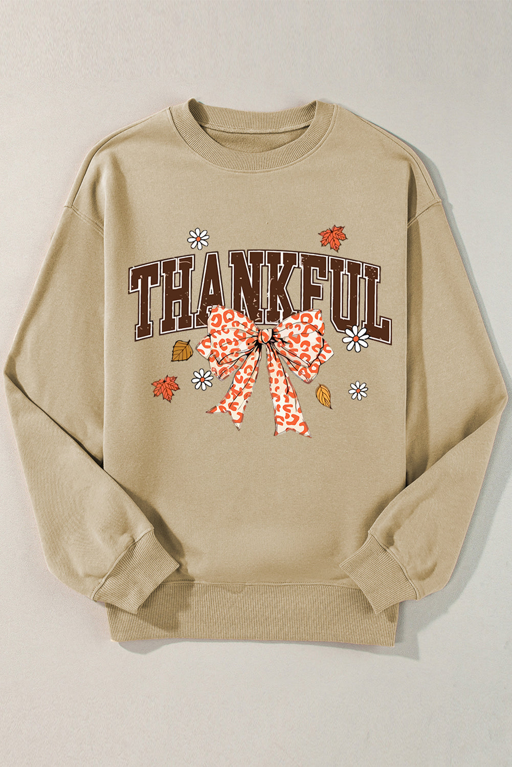 Parchment THANKFUL Leopard Bow Fall Vibe Graphic Sweatshirt Graphic Sweatshirts JT's Designer Fashion
