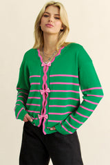 Green Stripe Ribbon Cute Bow Detail Sweater Knit Cardigan Cardigans JT's Designer Fashion
