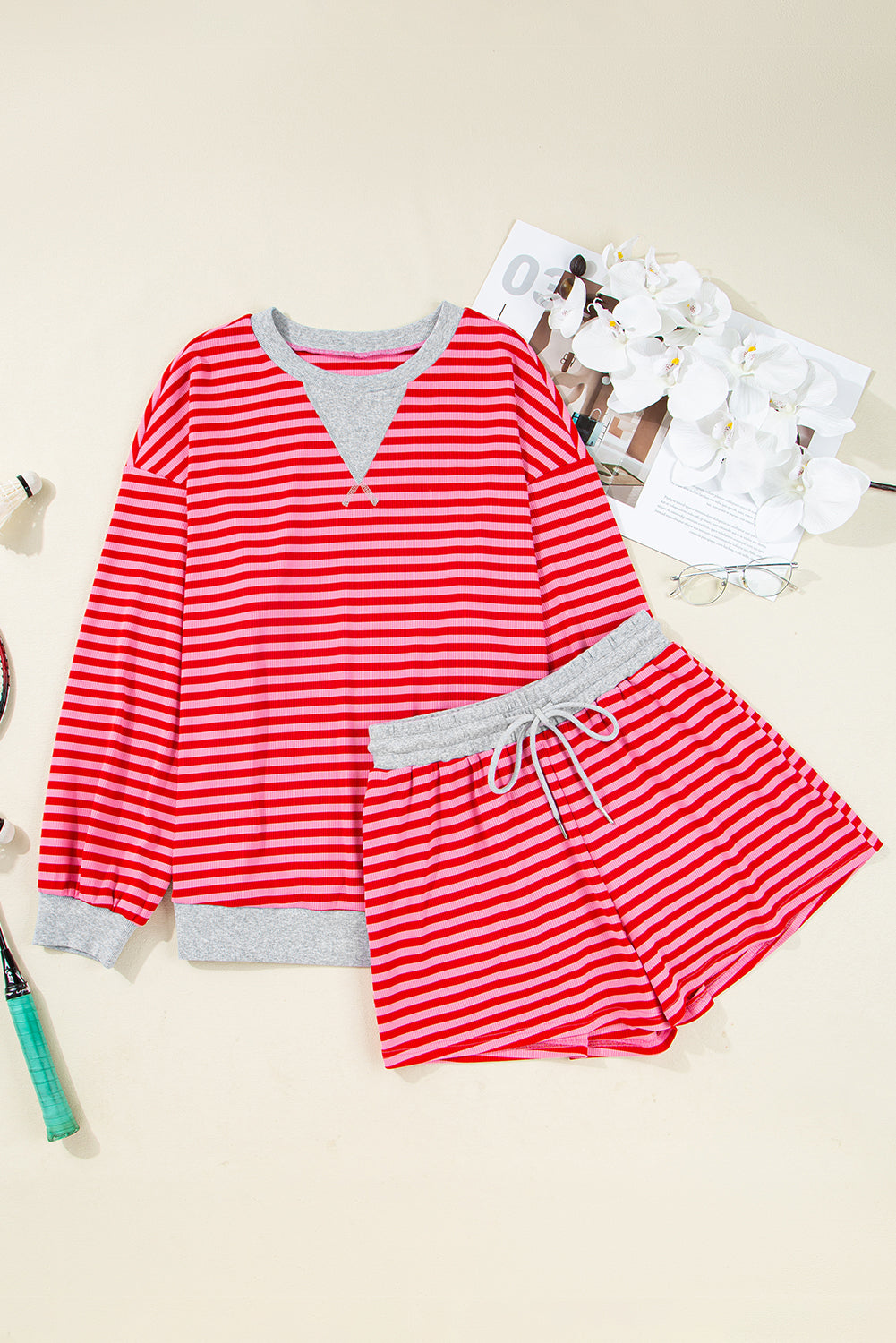 Red Stripe Drop Shoulder Baggy Pullover and Shorts Casual Set Short Sets JT's Designer Fashion