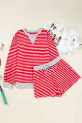 Red Stripe Drop Shoulder Baggy Pullover and Shorts Casual Set Short Sets JT's Designer Fashion