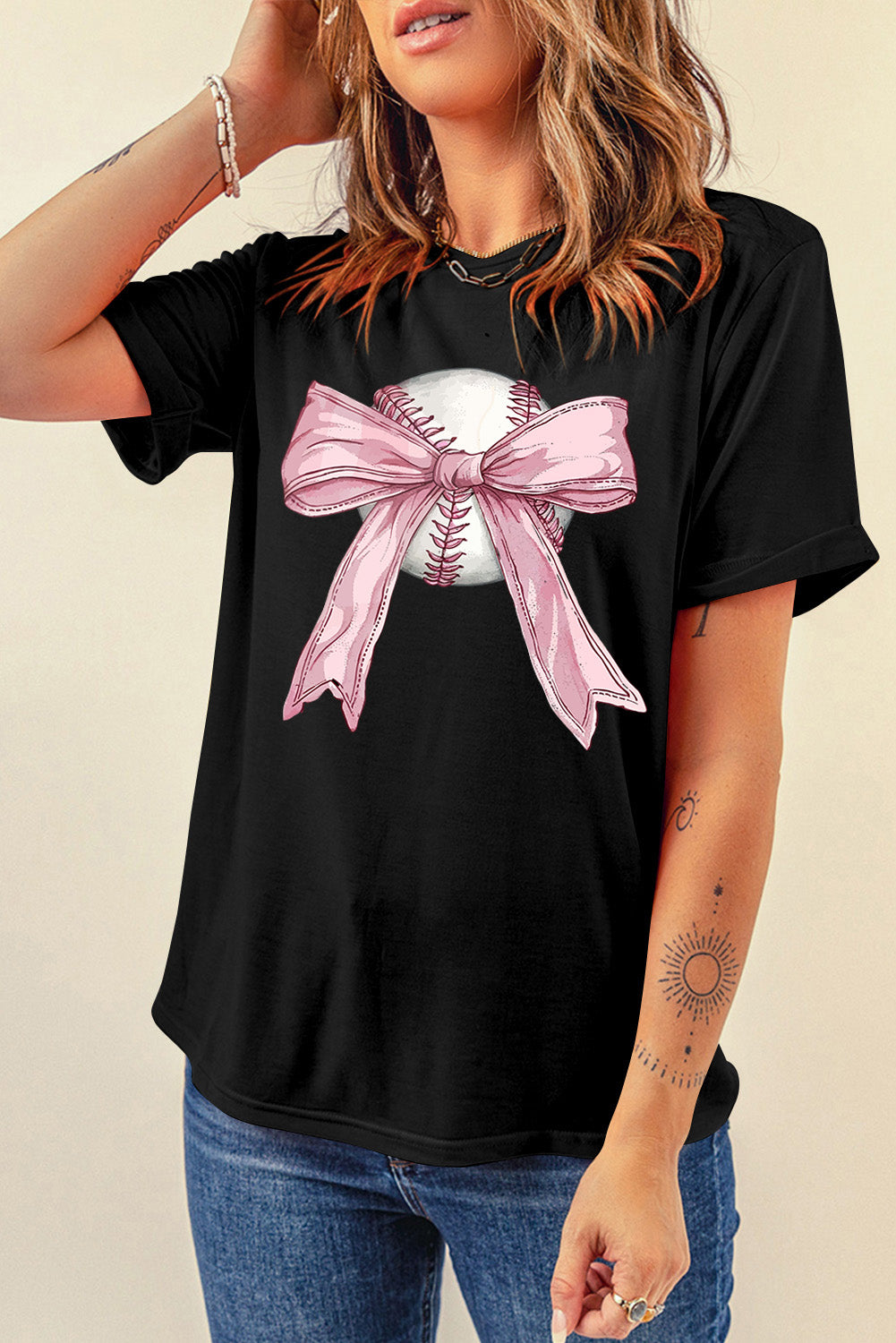 Black Baseball Bow Knot Print Round Neck T Shirt Graphic Tees JT's Designer Fashion