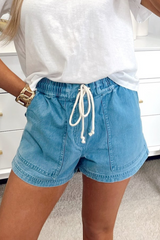 Beau Blue Contrast Drawstring Elastic Waist Denim Shorts Denim Shorts JT's Designer Fashion