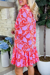 Red Floral 3 4 Sleeve Ruffle Hem Mini Dress Dresses JT's Designer Fashion