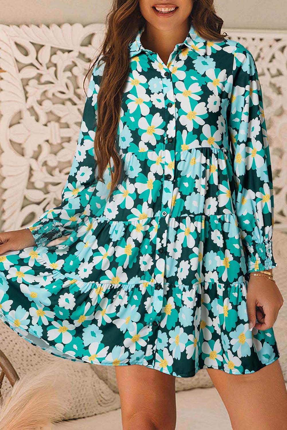 Green Floral Tiered Long Puff Sleeve Shirt Dress Floral Dresses JT's Designer Fashion