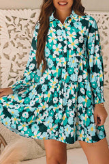 Green Floral Tiered Long Puff Sleeve Shirt Dress Floral Dresses JT's Designer Fashion
