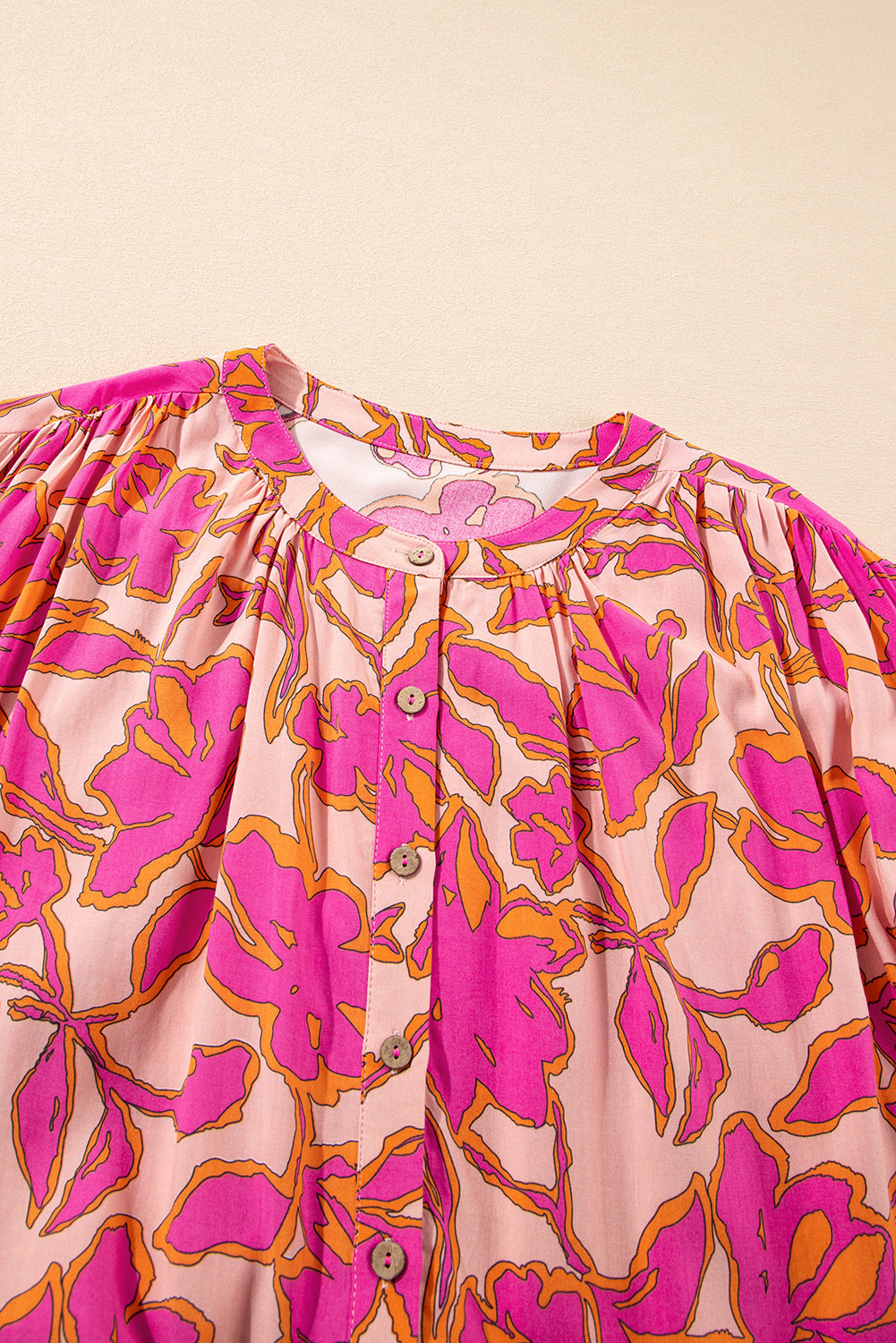 Pink Floral Print Batwing Sleeve Buttoned Loose Fit Shirt Blouses & Shirts JT's Designer Fashion