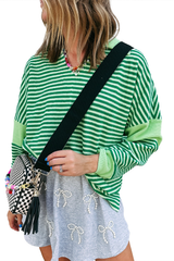 Green Stripe Turn-Down V Neck Patchwork Loose Top Long Sleeve Tops JT's Designer Fashion