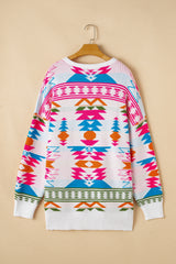 White Oversize Aztec Print High Low V Neck Sweater Sweaters JT's Designer Fashion