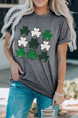 Gray Dotted Clovers Print Round Neck T Shirt Graphic Tees JT's Designer Fashion