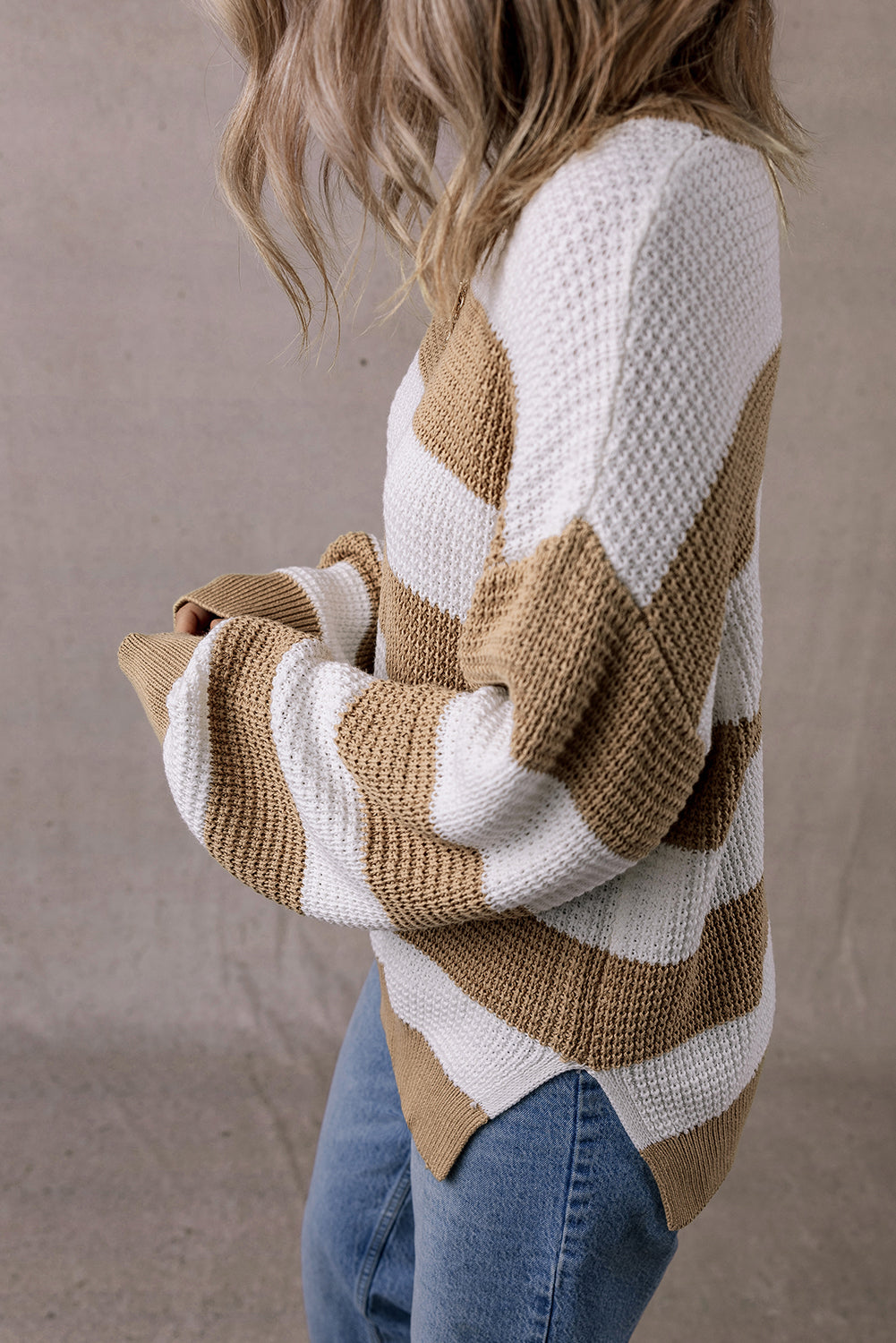 Light French Beige Colorblock Striped Drop Shoulder Side Slit Sweater Sweaters JT's Designer Fashion