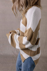 Light French Beige Colorblock Striped Drop Shoulder Side Slit Sweater Sweaters JT's Designer Fashion