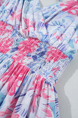Sky Blue Floral Spaghetti Strap Surplice Neck Shirred Waist Mini Dress Floral Dresses JT's Designer Fashion