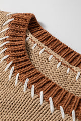Light French Beige Contrast Stitch Detail Color Block Knitted Plus Size Sweater Plus Size Sweaters & Cardigans JT's Designer Fashion