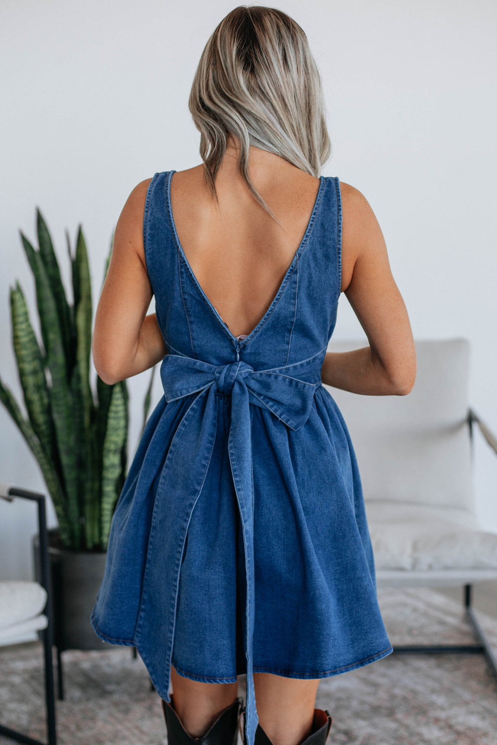 Sail Blue Square Neck Bowknot A-line Sleeveless Denim Dress JT's Designer Fashion