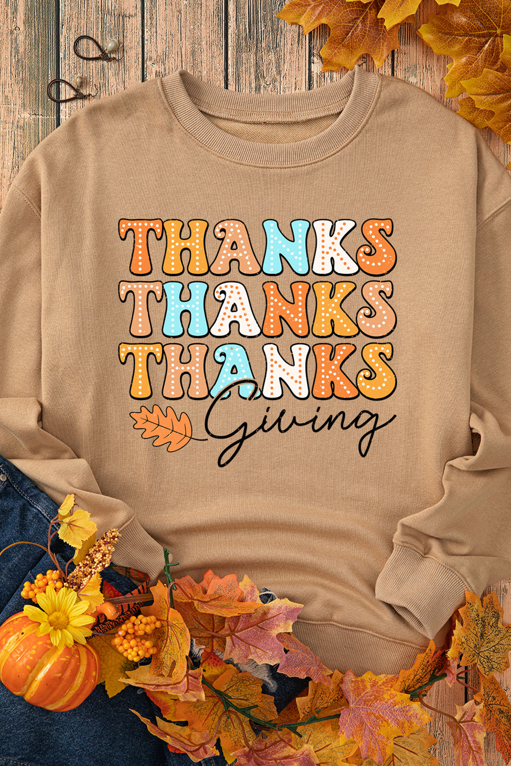 Khaki THANKS giving Leaves Printed Drop Shoulder Sweatshirt Khaki 50%Polyester+50%Cotton Graphic Sweatshirts JT's Designer Fashion