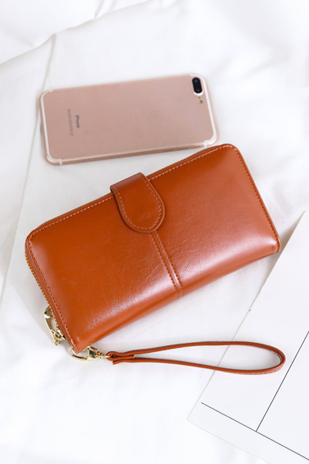 Cinnamon Faux Leather Zip Around Wrist Strap Long Wallet Handbags JT's Designer Fashion