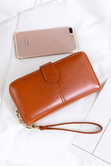Cinnamon Faux Leather Zip Around Wrist Strap Long Wallet Handbags JT's Designer Fashion