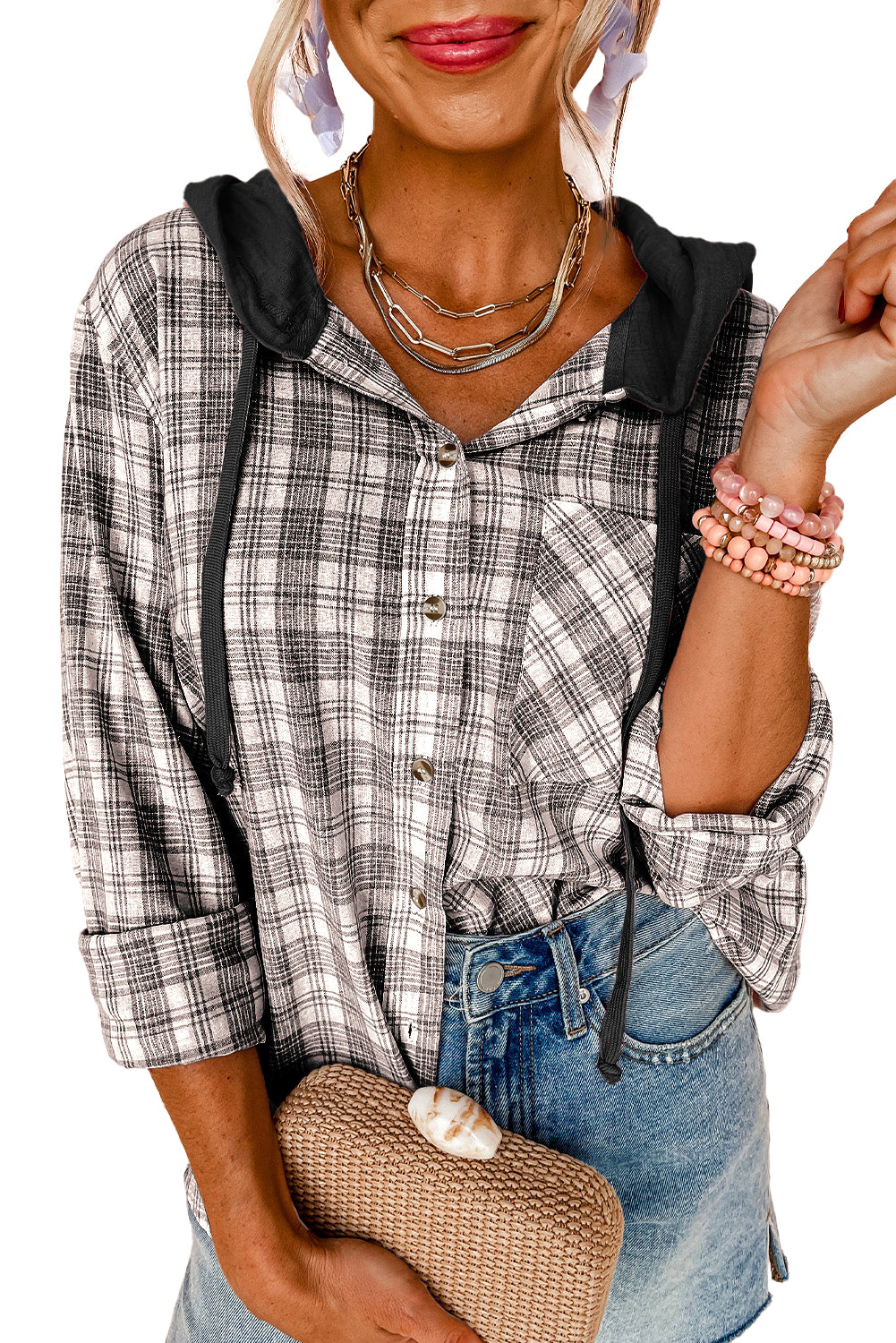 Black Checkered Print Loose Fit Buttoned Hooded Shacket Plaid Shackets JT's Designer Fashion
