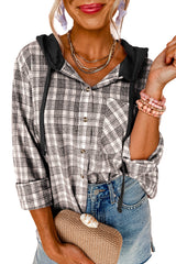 Black Checkered Print Loose Fit Buttoned Hooded Shacket Plaid Shackets JT's Designer Fashion