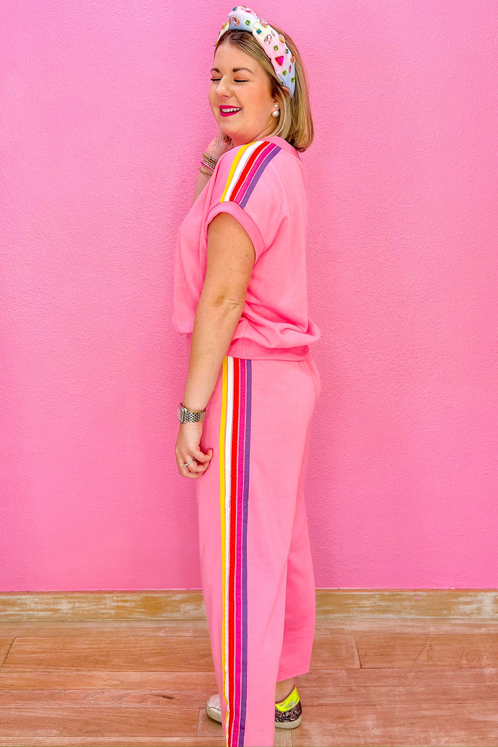 Bonbon Color Contrast Crewneck T Shirt and Wide Leg High Waist Pants Set Pant Sets JT's Designer Fashion