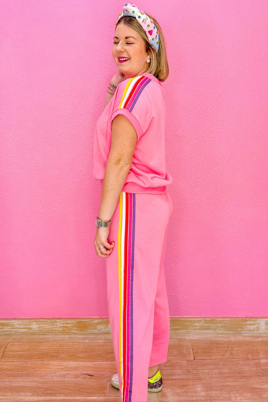 Bonbon Color Contrast Crewneck T Shirt and Wide Leg High Waist Pants Set Pant Sets JT's Designer Fashion