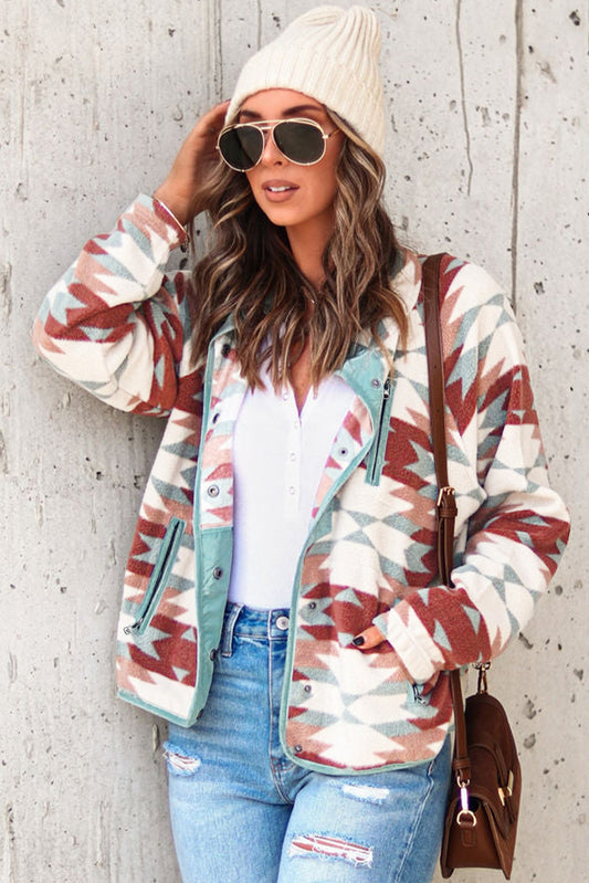Fiery Red Western Aztec Buttoned Zipper Pockets Fleece Jacket Jackets JT's Designer Fashion