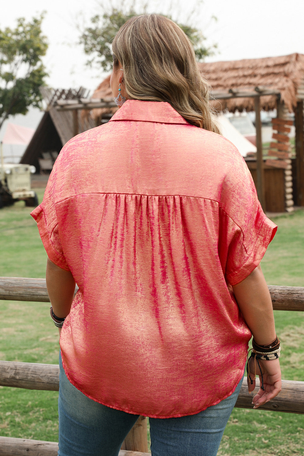 Rose Red Plus Size Metallic Sheen Short Sleeve Button Up Shirt Plus Size Blouses & Shirts JT's Designer Fashion
