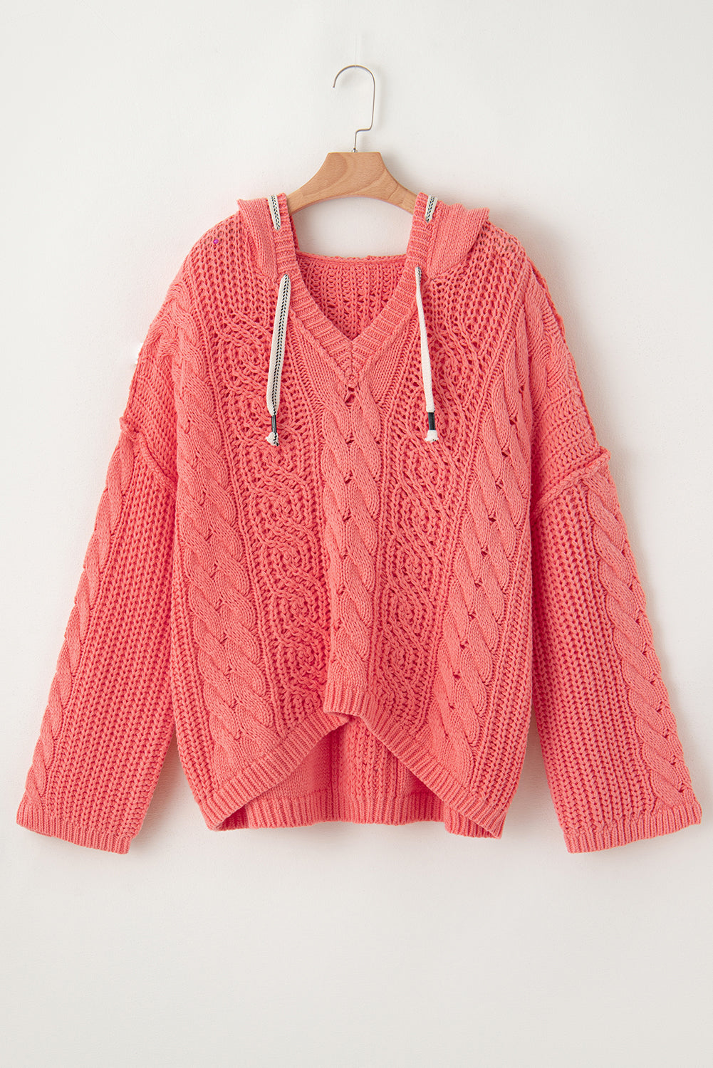 Gold Flame Cable Knit V Neck Contrast Drawstring Hooded Sweater Sweaters JT's Designer Fashion