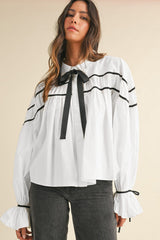 White Black Pipping Ribbon Bowtie Collared Ruffled Puff Sleeve Shirt Blouses & Shirts JT's Designer Fashion