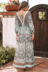 Green Boho Floral Print Lace-up Open Back High Waist Maxi Dress Floral Dresses JT's Designer Fashion