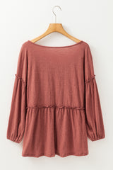 Mineral Red Solid Color Textured Frilled Trim V Neck Puff Sleeve Blouse Blouses & Shirts JT's Designer Fashion