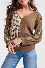 Brown Leopard Splicing Waffle Knit V Neck Top Long Sleeve Tops JT's Designer Fashion