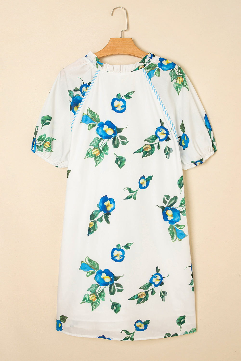 White Plus Size Floral Short Puff Sleeve Contrast Tie V Neck Dress Plus Size Mini Dresses JT's Designer Fashion