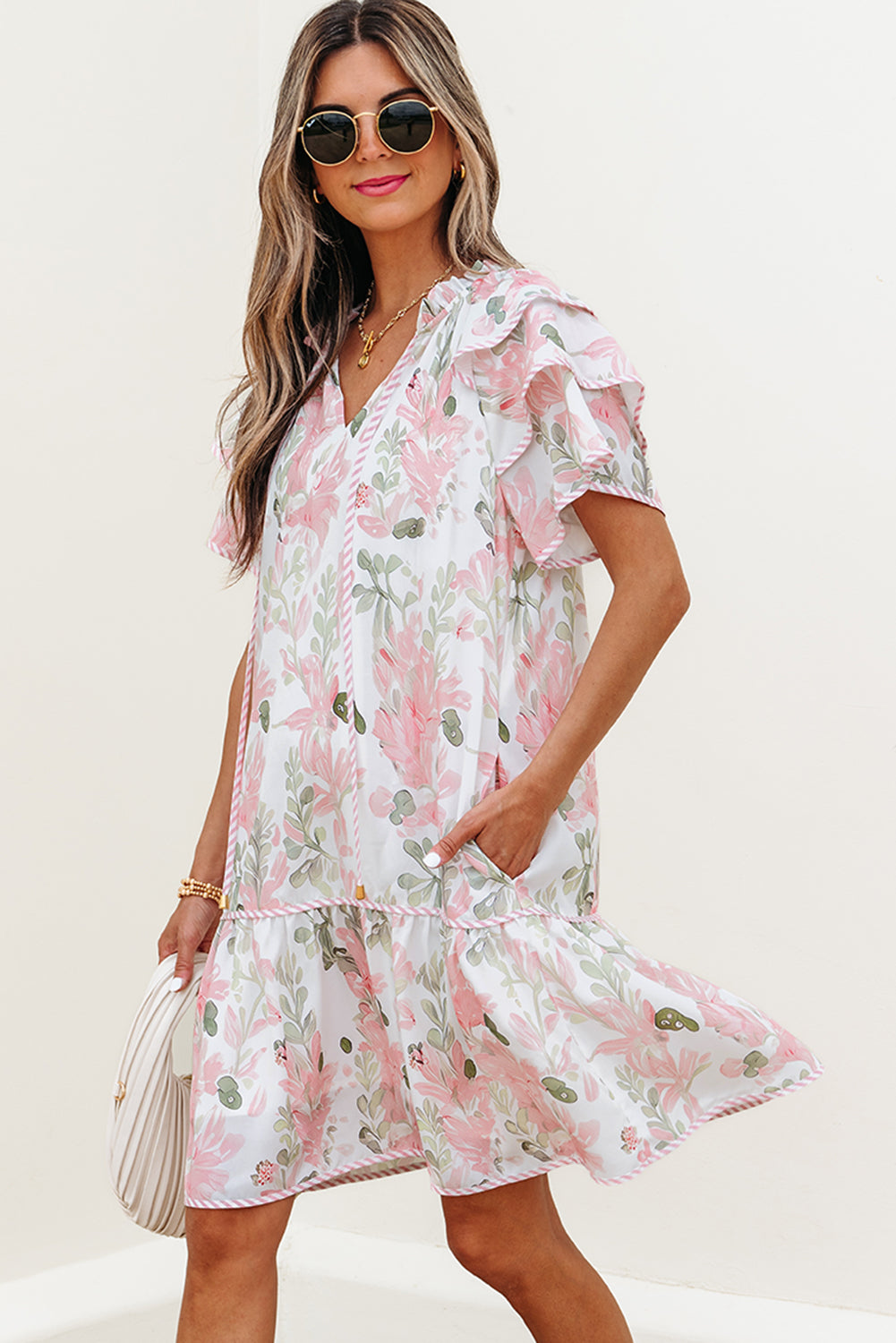 Pink Floral Contrast Edge Layered Short Sleeve Mini Dress Floral Dresses JT's Designer Fashion