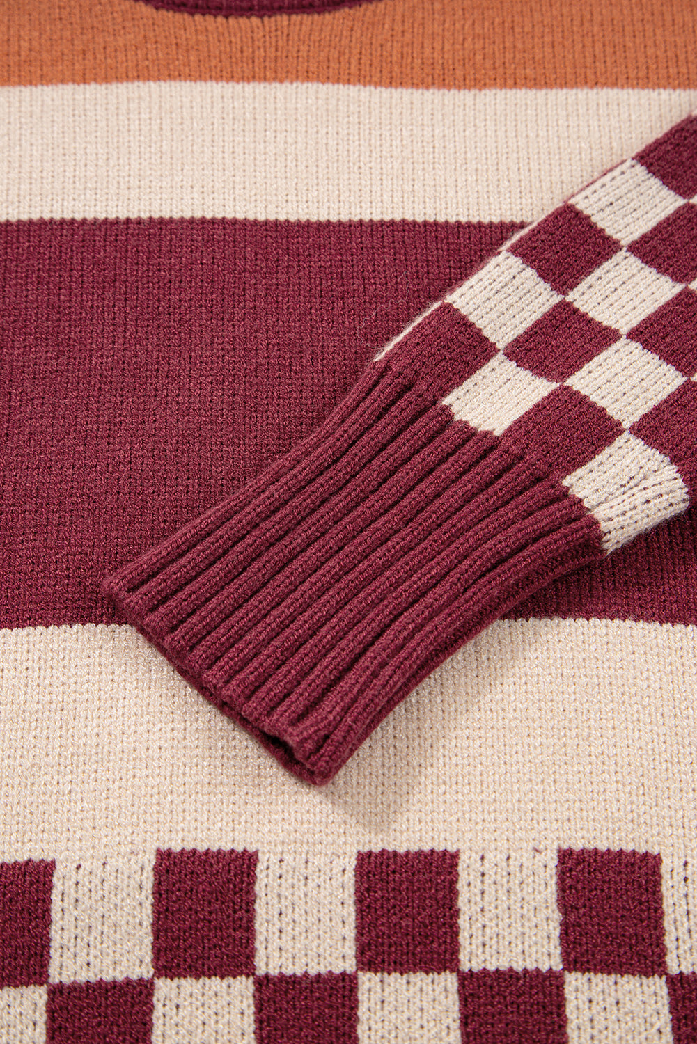 Brown Checkered Color Block Knitted Drop Shoulder Sweater Sweaters JT's Designer Fashion