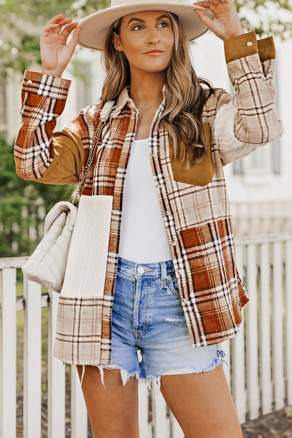 Orange Plaid Color Block Patchwork Shirt Jacket with Pocket Plaid Shackets JT's Designer Fashion