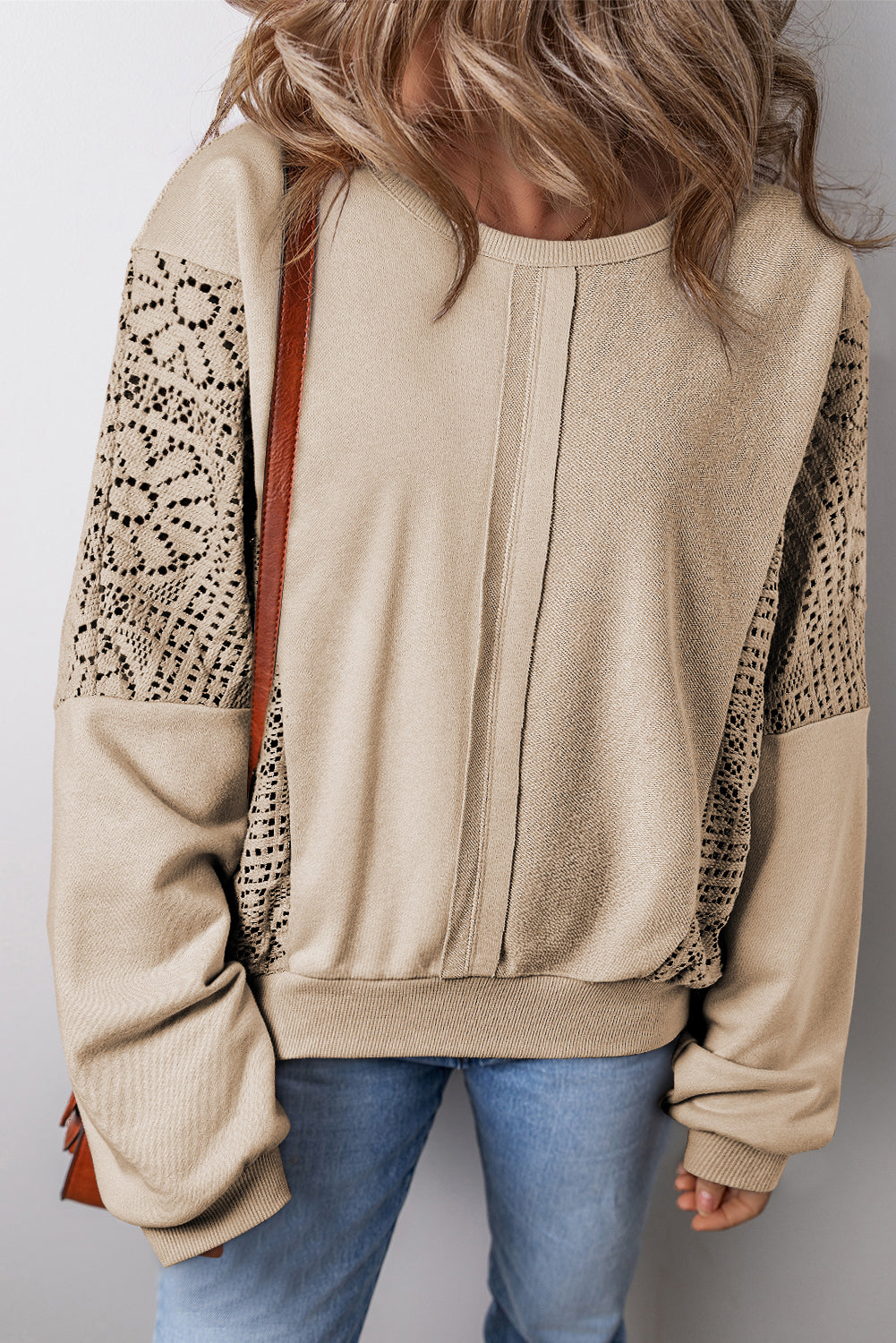 Parchment Knit Crochet Exposed Seam Ribbed Trim Sweatshirt Sweatshirts & Hoodies JT's Designer Fashion