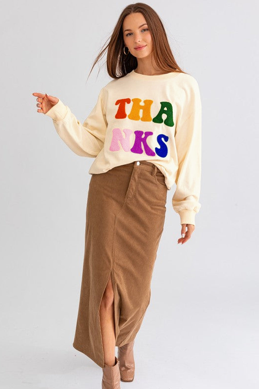 Apricot THANKS Chenille Embroidered Drop Shoulder Graphic Sweatshirt Sweatshirts & Hoodies JT's Designer Fashion