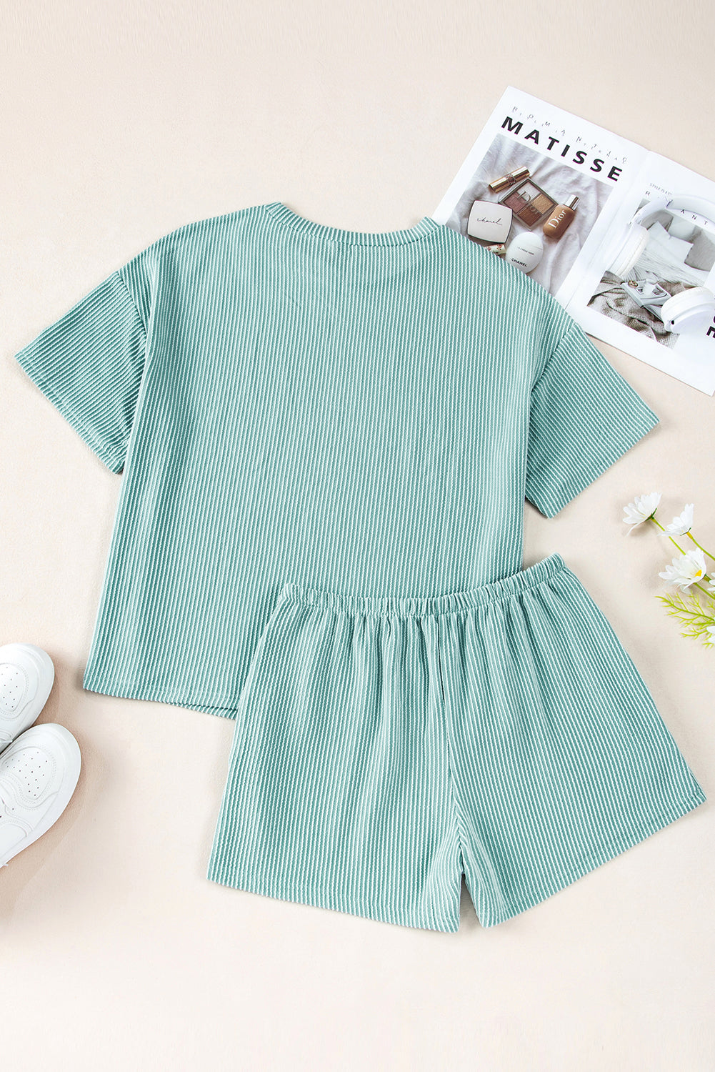 Iceland Blue Ribbed Textured Knit Loose Fit Tee and Shorts Set Short Sets JT's Designer Fashion