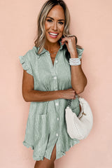 Green Stripe Frilled Sleeveless Collar Front Pocket Button Up Mini Dress Mini Dresses JT's Designer Fashion