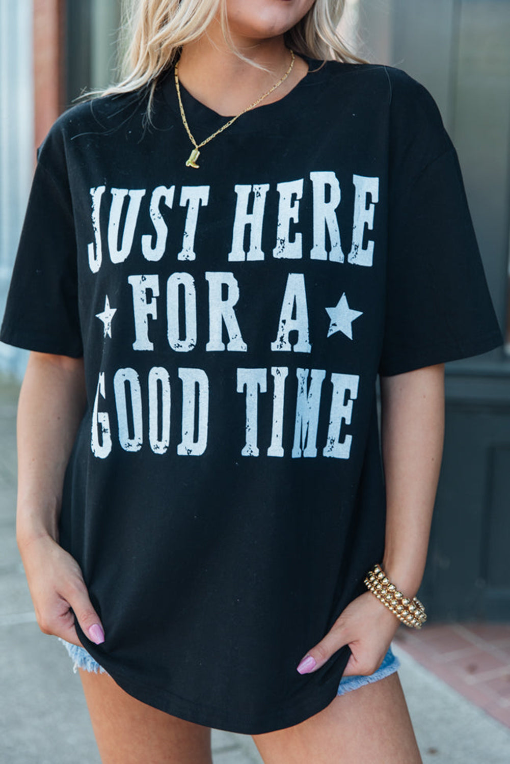 Black Just Here For A Good Time Graphic Round Neck T Shirt Graphic Tees JT's Designer Fashion